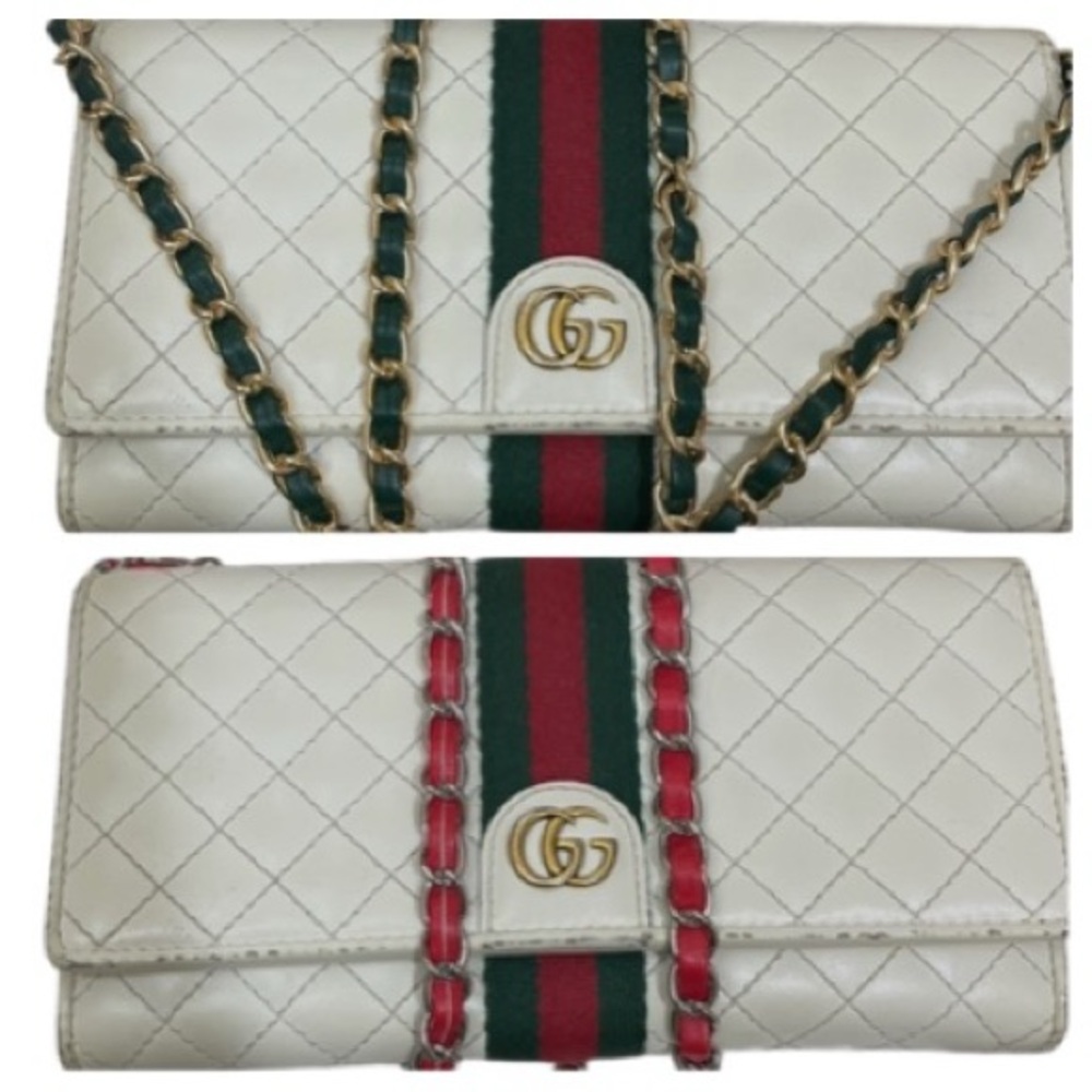 Preloved Long White Quilted Gucci GG Marmont Wallet w/sherry Line & Xbody Chain
